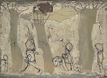 Zwischen den Bumen, 2002, 50 x 70, Mischtechnik auf Papier, l, Strukturpaste, Collage, Monotypie, 1 200 Euro