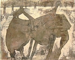Reiter, 2002, 90 x 111,5, Mischtechnik auf Papier, l, Strukturpaste, Collage, 2 000 Euro